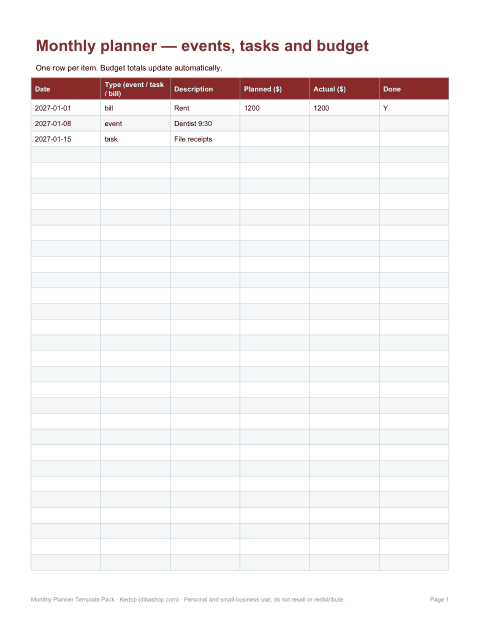 Preview of the first page of Monthly planner (XLSX)