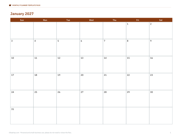 Preview of 2027 Monthly Calendar Printables