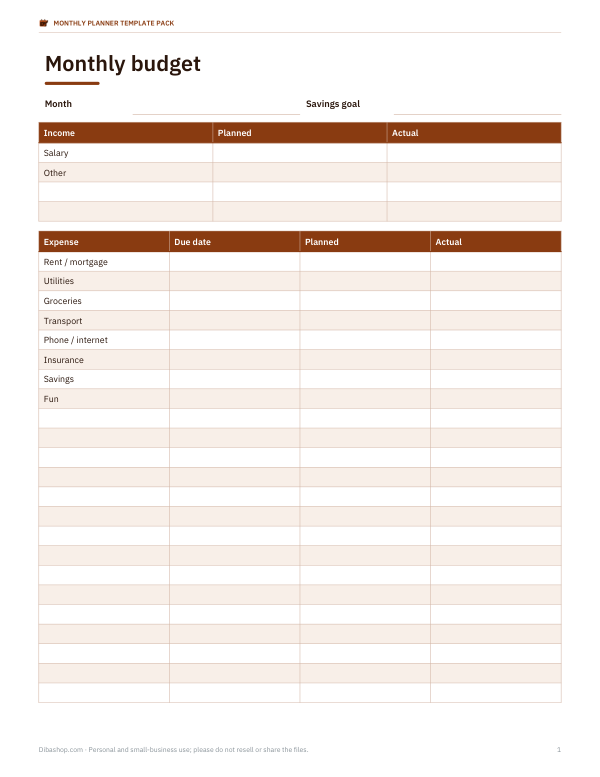 Preview of Printable Monthly Budget Planner