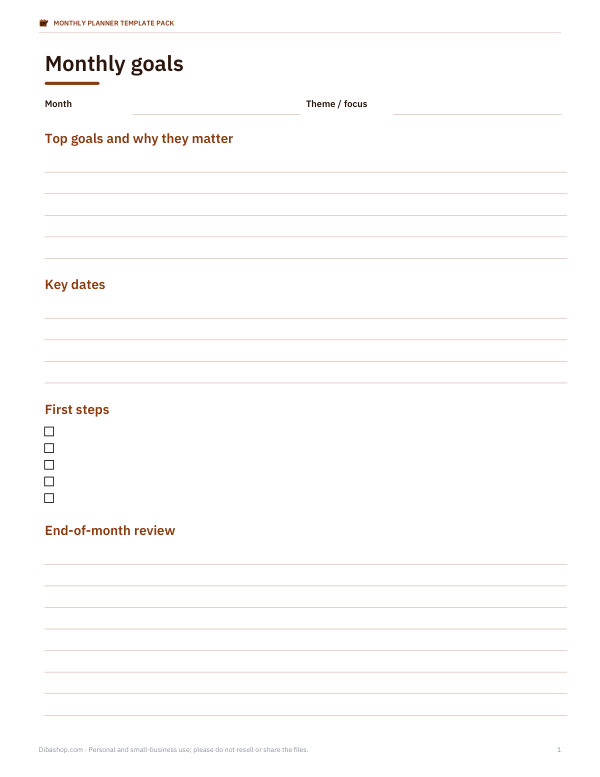 Preview of Printable Monthly Goals Planner