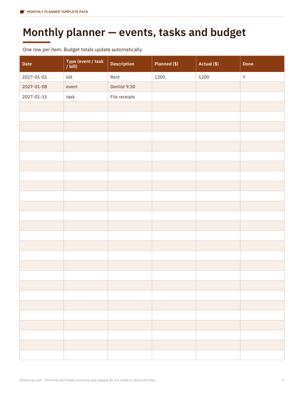 Preview of Printable Monthly Planner Template