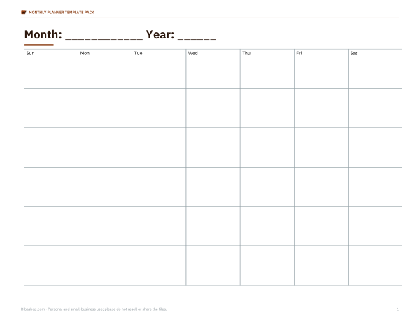 Preview of Printable Undated Monthly Calendar